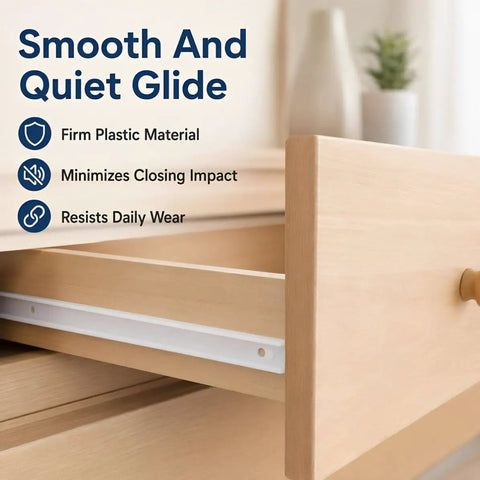 Slick Silent Cabinet Drawer Slides Kit With Mounting Screws, Heavy Duty Dresser Glides Replacement, white plastic glide in wooden drawer.