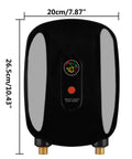 Slick Wall Mounted Tankless Electric Hot Water Heater Featuring Heavy Duty 3000W Coils For Rapid Instant Warm Water And Snappy Quick Hook Up For Kitchen Sink Use, front view showing dimensions.