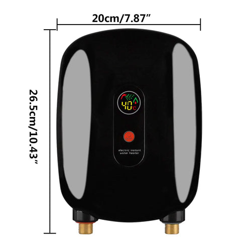 Instant Tankless Water Heater With Smart Digital Flow Valve Delivers Quick 3000w On Demand Hot Water For Kitchen Counter Or Bath Tub Setup So You Can Keep It Moving, compact black design, dimensions 20cm by 26.5cm.