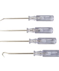 Heavy Duty Four Piece Pick And Hook Screwdriver Set Uses Heat Treated Alloy Steel Blades With Comfort Acetate Handle Satin Nickel Finish Pro Grade No Sweat Grips Built Tough For Daily Hustle Real Deal Performance And Lasting Power showing four drivers on a white background.