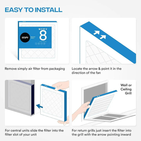 Steps to install 12X20X1 Pleated Air Filter MERV 8 MPR 600 for Enhanced HVAC Filtration, including positioning and inserting filter.
