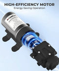 12V DC Self Priming Water Pump With 1.6 GPM Diaphragm 65 PSI Half Inch NPT Runs Dry, visible high-efficiency motor design