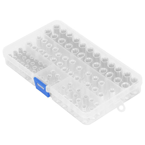 Top Shelf Rivet Nut Tool Kit With Built In Cutter And One Hundred M4 M8 Aluminum Rivnuts in a clear storage case.