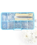 Self Repairing Glasses Kit Eyewear Maintenance Tool For Sunglasses And Eyeglasses DIY Ready Easy To Install Accessories For Quick Repairs Nose Pads And Replacement Parts in a blue case, top view.