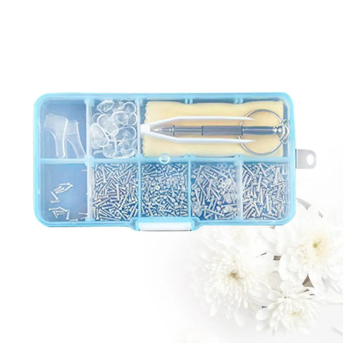 Self Repairing Glasses Kit Eyewear Maintenance Tool For Sunglasses And Eyeglasses DIY Ready Easy To Install Accessories For Quick Repairs Nose Pads And Replacement Parts in a blue case, top view.
