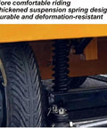 Close-up of Huge Heavy Duty Electric Platform Truck Cart suspension spring and tire design for stable, comfortable transport.