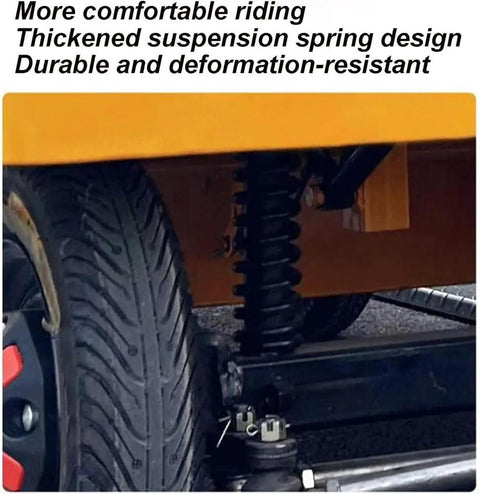 Close-up of Huge Heavy Duty Electric Platform Truck Cart suspension spring and tire design for stable, comfortable transport.