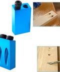 One Hand Aluminum 15 Degree Woodworking Angle Drill Guide Pocket Hole Jig Kit with oblique holes in use on wood