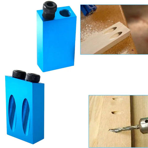 One Hand Aluminum 15 Degree Woodworking Angle Drill Guide Pocket Hole Jig Kit with oblique holes in use on wood