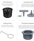 Hair strainer, leveling feet, lifting hook, and threaded adapter for 28 Inch Linear Shower Drain With Removable Wedge Wire Grate Matte Black 304 Stainless Steel Rectangle Shower Floor Drain For Bathroom CUPC Certified With Hair Strainer For Fast Easy Drainage.