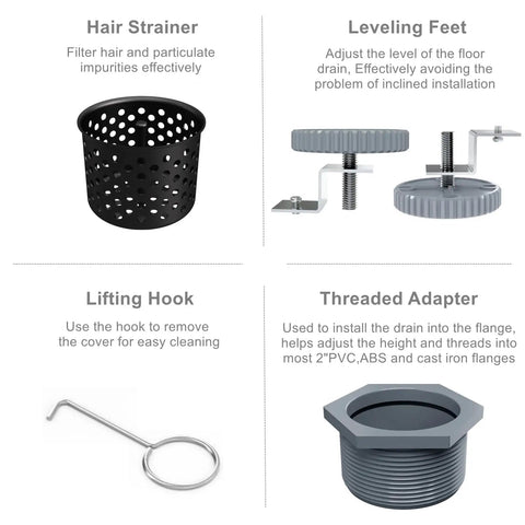 Hair strainer, leveling feet, lifting hook, and threaded adapter for 28 Inch Linear Shower Drain With Removable Wedge Wire Grate Matte Black 304 Stainless Steel Rectangle Shower Floor Drain For Bathroom CUPC Certified With Hair Strainer For Fast Easy Drainage.