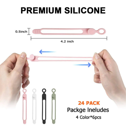 Silicone Cable Straps Set 24 Pcs For Bundling Earphones Chargers Cords And Wires Reusable Elastic Easy To Clean Cable Ties For Home Office Kitchen School In Four Color Options
