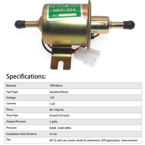 12V Inline Fuel Pump Kit For Lawn Mower Carburetor With 8mm Hose And Five Sixteenth Inch Fittings, Low Pressure 2.5 To 4 PSI, copper body
