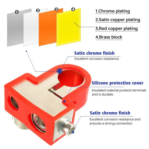 Solid Brass Battery Terminals For Car Audio Upgrades equipped for top or side placement with silicone cover and satin chrome finish.