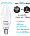 Two Pack E12 LED Candelabra Bulbs, 400 Lumens, 4W, 3000K Warm White showing dimensions and features.