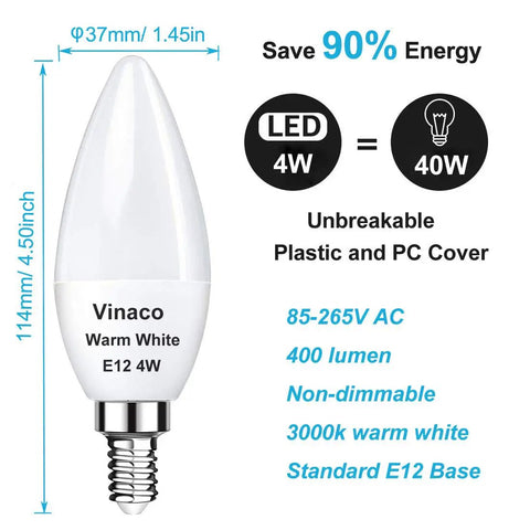 Two Pack E12 LED Candelabra Bulbs, 400 Lumens, 4W, 3000K Warm White showing dimensions and features.