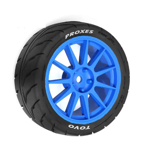 Blue rubber RC tire with Proxes branding for Four Piece Rubber RC Car Tire Wheel Hex Set For 1x10 Scale Racing Cars Compatible With TT01 TT01E TT02 TT02B TA06 XV01 XV02 PTG2 White Built Tough Impact Resistant Build For Smoother Ride And Superior Ground Contact On Any Track.