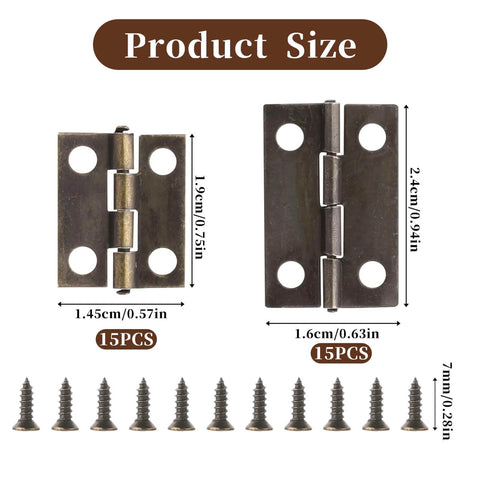 Small Hinges For Wooden Boxes And Cabinets, 30Pcs Brass Bronze Polished 180 Degree Butt Hinges With Screws, two sizes shown