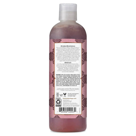 Back label of Patchouli Buriti Body Wash With Aloe Vera And Rosehip Seed Oil for Hydration, 13 oz bottle with ingredient details.
