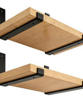 Two wooden shelves mounted with 12 Inch Shelf Brackets 4 Pack Heavy Duty Frosted Black With Lip For Floating Shelves Rustic Iron Metal DIY Open Shelving Hardware Included Plus Mounting Hardware