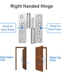 Front view of six 4-inch stainless steel lift-off door hinges, detachable, right-handed for indoor/outdoor use