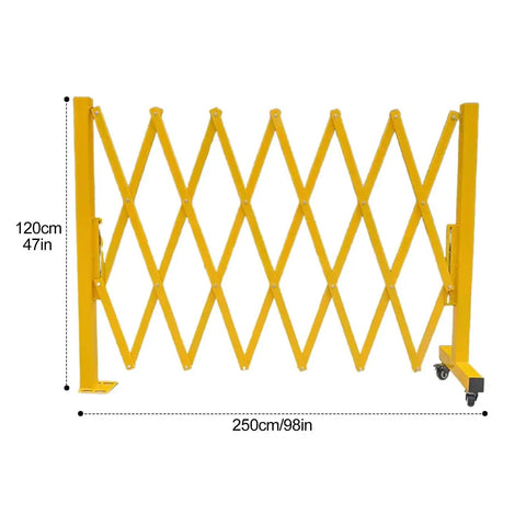 Heavy Duty Expandable Safety Barrier Gate, Rock Solid Retractable Metal Traffic Barricade Fence for Driveways, 2.5m long, yellow metal construction.