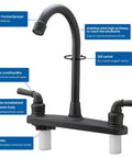 Close-up of JAKARDA RV Non-Metallic Kitchen Black Faucet Two Handle-8" Main Body-High Arch-360 Swivel with sprayer and handles.