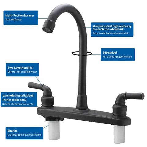Close-up of JAKARDA RV Non-Metallic Kitchen Black Faucet Two Handle-8" Main Body-High Arch-360 Swivel with sprayer and handles.