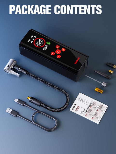 Portable Tire Inflator With Color LED Screen, 12V Car Air Pump, charging cable, and accessories on display