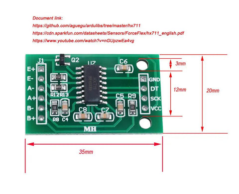 HX711 Load Cell Amplifier Module Twin Pack for Arduino Projects showing dimensions and connections