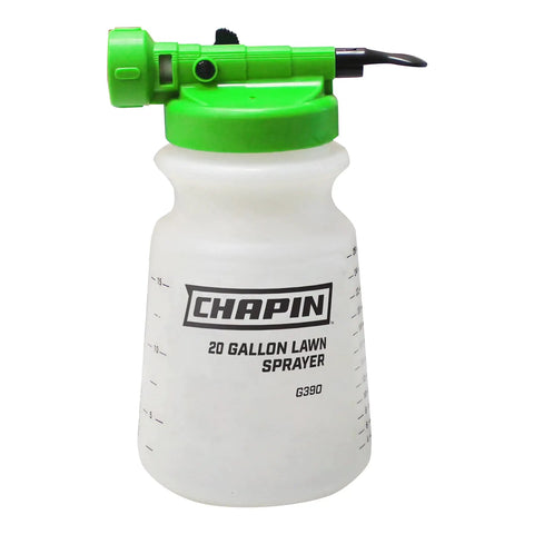 G390 Hose End Sprayer for Water Soluble Materials with green nozzle, 20 Gallon Tank, 32 Ounce Capacity, and hose connection