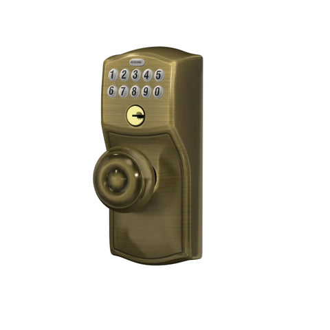Camelot Keypad Lock With Knob, Keyless Door Entry And Electronic Lock, Flex Lock Auto Lock Option, Antique Brass Finish, FE595 CAM 609 GEO