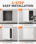 4-step installation guide for Heavy Duty Aluminum Access Panel For Drywall With Key Lock Built Damn Tough And Rock Solid.