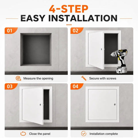 4-step installation guide for Heavy Duty Aluminum Access Panel For Drywall With Key Lock Built Damn Tough And Rock Solid.