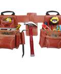 Pro Framers Combo System 17 Pocket 4 Piece Extra Large Leather Tool Organizer With Easy Carry Handle shown with tools inside.
