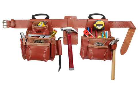 Pro Framers Combo System 17 Pocket 4 Piece Extra Large Leather Tool Organizer With Easy Carry Handle shown with tools inside.