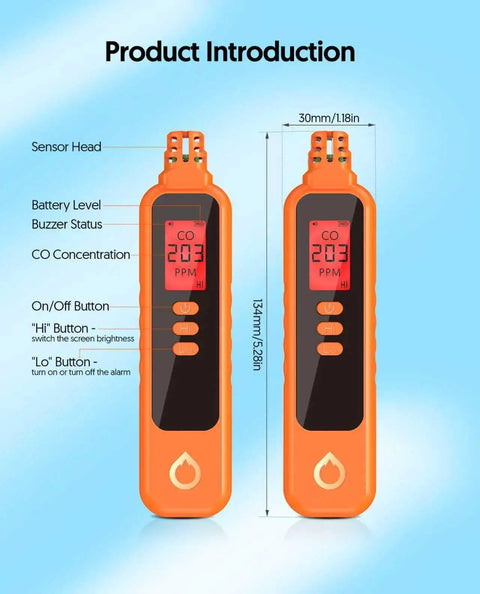 Two orange Portable Carbon Monoxide Detector With LCD Display, Battery Powered Handheld CO Monitor Alarm for Home Outdoor Travel.