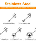 15 Pairs Ball Stud Earrings Set 2mm To 6mm Stainless Steel Hypoallergenic Nickel Free Simple Everyday Studs For Women Great Gift Idea Multisize Earring Set With Silver Finish, 2mm-6mm sizes