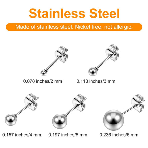15 Pairs Ball Stud Earrings Set 2mm To 6mm Stainless Steel Hypoallergenic Nickel Free Simple Everyday Studs For Women Great Gift Idea Multisize Earring Set With Silver Finish, 2mm-6mm sizes