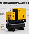 Workhorse Pro Grade Variable Frequency Drive Rotary Screw Air Compressor System With 39 CFM At 125 PSI, 80 Gallon ASME Tank, Refrigerated Dryer, 10HP 7.5KW, Single Or Three Phase 208-230V Industrial Base tank-mounted air compressor system