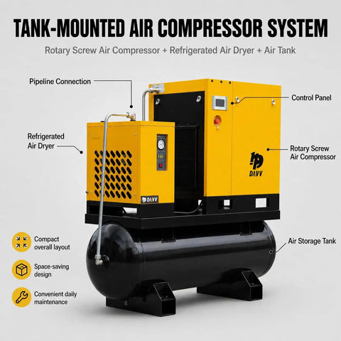 Workhorse Pro Grade Variable Frequency Drive Rotary Screw Air Compressor System With 39 CFM At 125 PSI, 80 Gallon ASME Tank, Refrigerated Dryer, 10HP 7.5KW, Single Or Three Phase 208-230V Industrial Base tank-mounted air compressor system