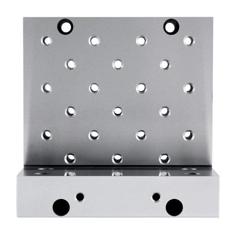 Front view of Amazon Accusize 6x6x4 inch steel precision angle plate with hole grid and base mounting holes