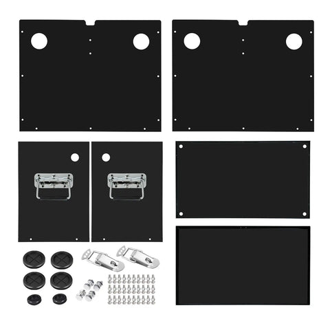 Heavy Duty Rock Solid Group 27 Steel Battery Box With Lock Secure Cover For RV Marine Rig Road Ready Power Rack Mount Black Powder Finish Relocation Kit parts including metal plates and hardware.
