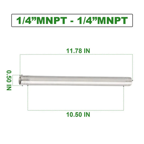 Two Pack 304 Stainless Steel Pipe Nipples with One Quarter Inch NPT Male Threads, 12 Inch Length, corrosion resistant, ideal for plumbing