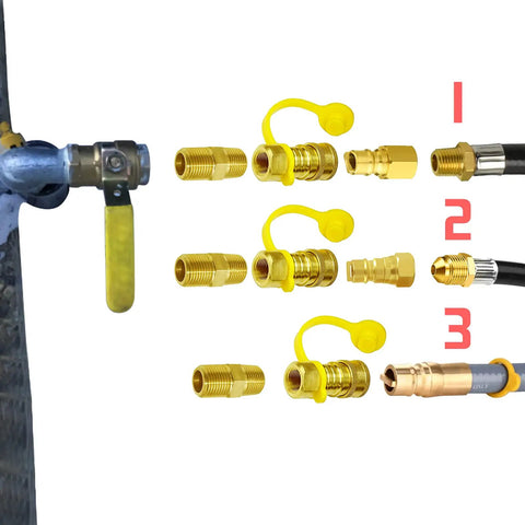 Three Eighths Inch Natural Gas Quick Connect Fittings Kit for grills patio heaters pizza ovens fire pits and generators LP propane shown
