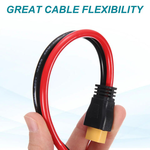 XT60 Extension Cable 10AWG 2Ft Female To Male Beefy Power Lead being held, showing cable flexibility and black-yellow connector