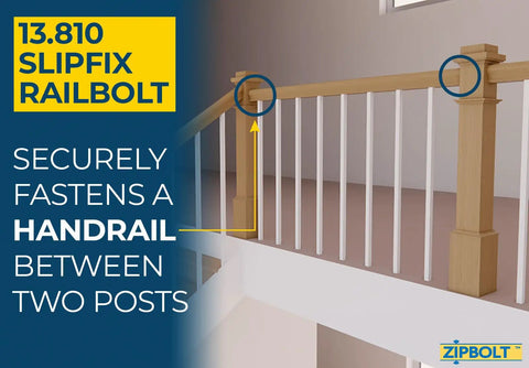 Illustration of Slipfix Railbolt handrail post to post fastening system for stairs, showing secure connection between posts.