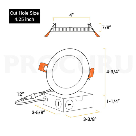 Diagram of 6-Pack 4-Inch Color-Selectable LED Recessed Ceiling Downlights With J-Box, dimensions and installation details shown.