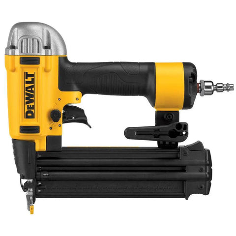 Professional 18 Gauge Brad Nailer With Rear Exhaust blasts dust away, featuring a durable black and yellow finish for woodworking.