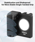 Grip Holder For Smartphone With Remote Shutter Tripod Mount And Removable Ring Light shown with stabilization feature.